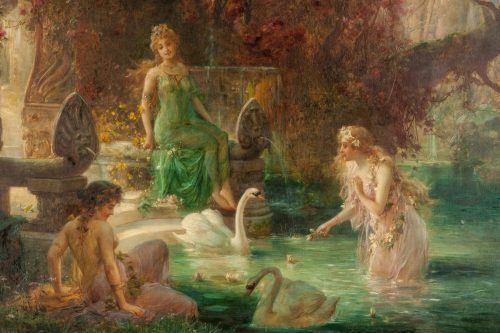 Three Women Near Pool Feeding Swans by Hans Zatzka