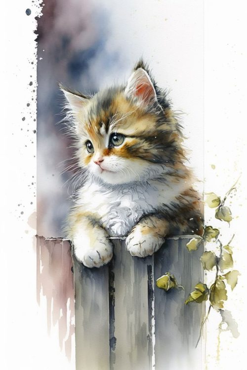 Cute Kitten on Fence Watercolour by ArtTwirled