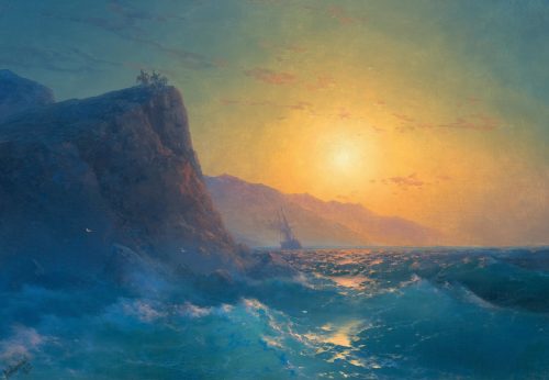 View of a steep, rocky coast and a rough sea at sunset by Ivan Aivazovsky