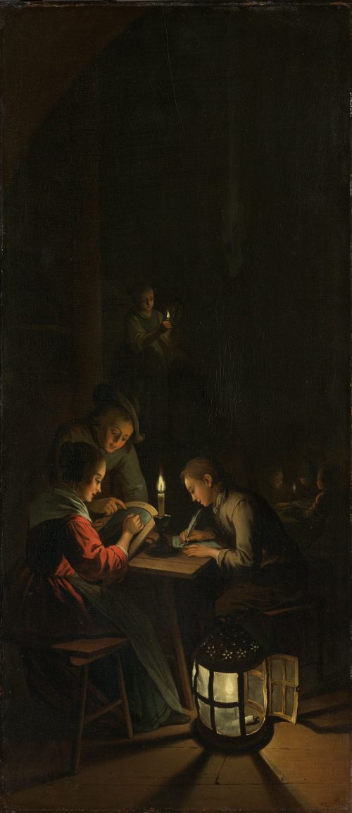 Triptych with an Allegory of Art Education, left panel, Night School (1770) by Willem Joseph Laquy