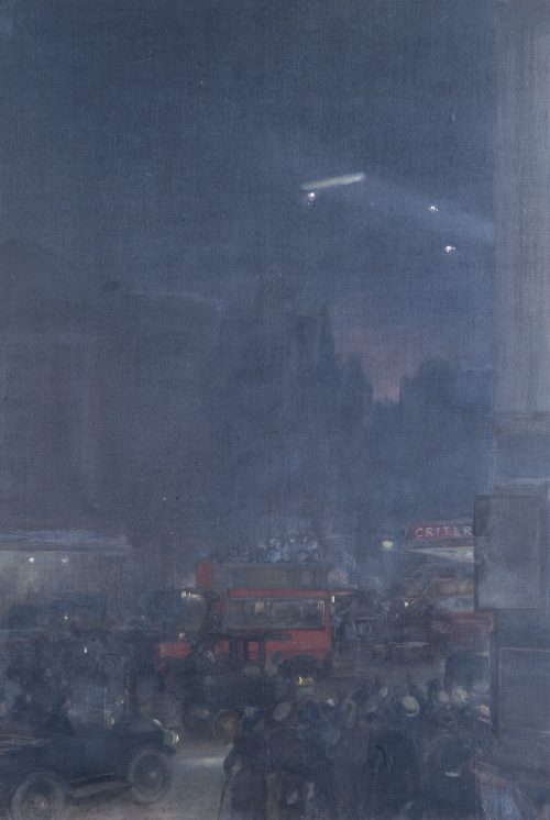 The First Zeppelin Seen From Piccadilly Circus, 8th September 1915 by Andrew Carrick Gow