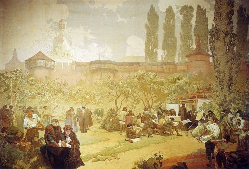 The Printing of the Bible of Kralice in Ivančice (1914) by Alphonse Mucha
